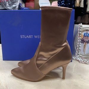 STUART WEITZMAN SATIN STRETCHY BOOTS IN OLD ROSE MADE IN SPAIN